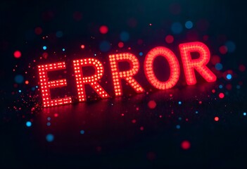 Glitched red error sign with binary background. Abstract tech visual representing system crash, cyber attack, software failure, coding error, data loss, and digital malfunction alert.