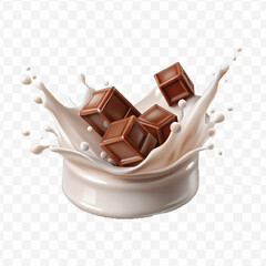 abstract 3d smooth liquid milk splash with chocolate bar in different style isolated on transparent background