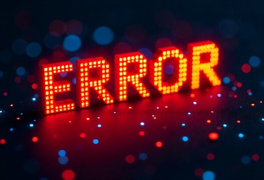Glitched red error sign with binary background. Abstract tech visual representing system crash, cyber attack, software failure, coding error, data loss, and digital malfunction alert.