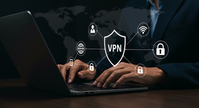 Businessman using a laptop with a vpn shield for secure internet connection