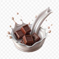 abstract 3d smooth liquid milk splash with chocolate bar in different style isolated on transparent background