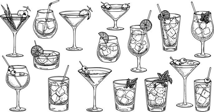 Assorted cocktails collection vector black and white illustration. Various drinks in different glasses with garnishes.