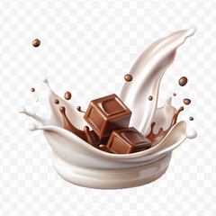 abstract 3d smooth liquid milk splash with chocolate bar in different style isolated on transparent background