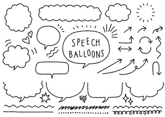 手書き風のかわいい吹き出し・矢印・飾り線セット（デコボコの線）