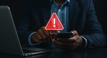 Businessman receives mobile phone notification displaying red alert warning sign for cyber security