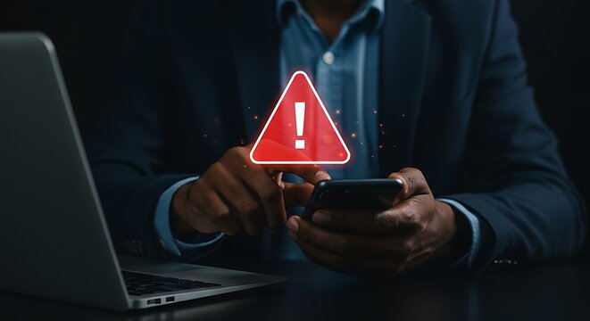 Businessman receives mobile phone notification displaying red alert warning sign for cyber security - Powered by Adobe