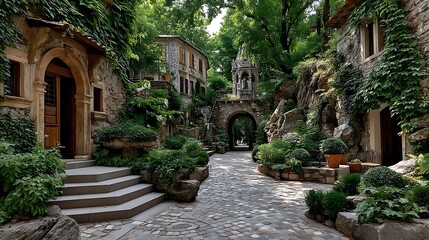 Naklejka premium Abandoned stone ruins overgrown with green forest high resolution image