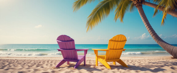 Two vibrant beach chairs sit invitingly on a pristine sandy beach, under the shade of a leaning palm tree. Gentle waves lap the shore under a tranquil blue sky.