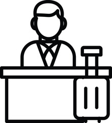 Hotel reception icon front desk staff with suitcase representing hospitality service travel and check in process suitable for tourism business and accommodation concepts