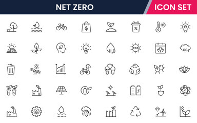 Net zero vector line icons featuring sustainability, environment, social responsibility, governance, recycling, renewable energy, ethics, community, and corporate accountability concepts.