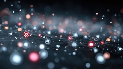Virtual communication and digital marketing concept showing abstract icons, social platform tools, and interactive networking in modern virtual tech environment -