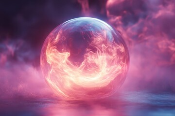 A glowing orb surrounded by colorful, swirling mist and light effects.