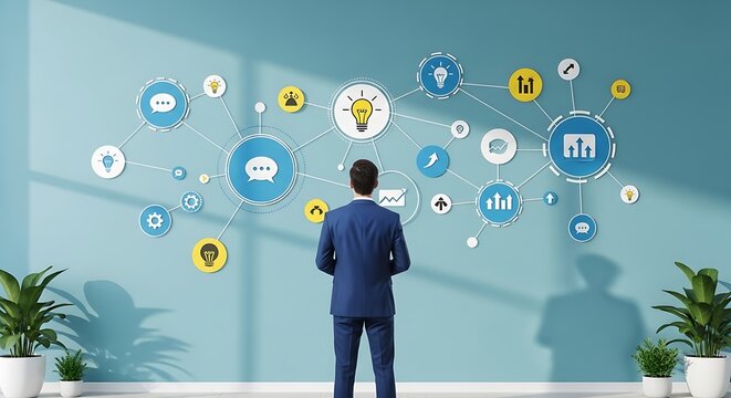 Man observing digital network diagram suit blue