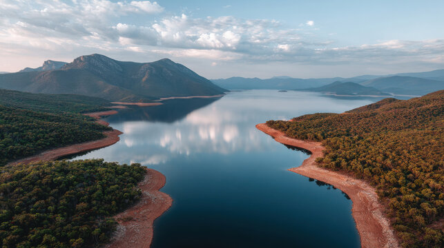 breathtaking aerial view of reservoirs edge in argentina during golden hour serene beauty of landscape at dusk