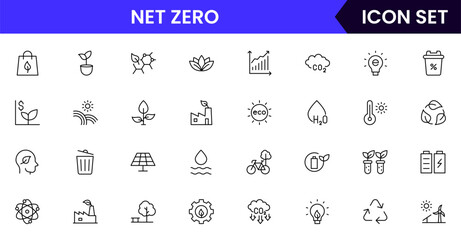 Net zero vector line icons featuring sustainability, environment, social responsibility, governance, recycling, renewable energy, ethics, community, and corporate accountability concepts.