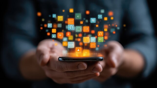 Man holding smartphone with glowing colorful app icons rising above screen, representing mobile technology, digital interface, and app-based interaction in 3D style