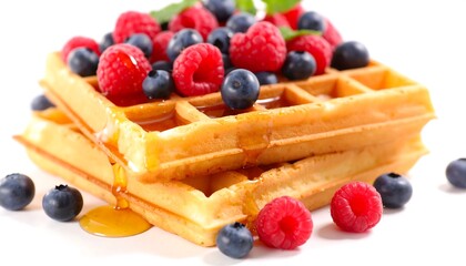 Stack of waffles topped with fresh berries and syrup