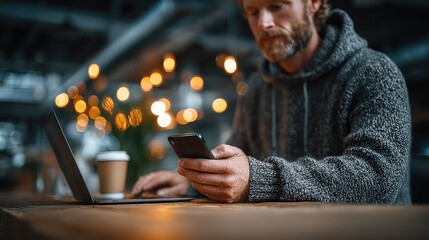Man using smartphone while working on laptop, symbolizing digital multitasking, remote work, smart tech lifestyle, and mobile productivity in tech-savvy environment -