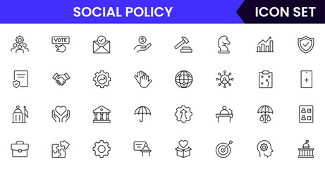 Social policy vector line icons featuring equality, justice, welfare, community support, legislation, rights, advocacy, diversity, and public services concepts.