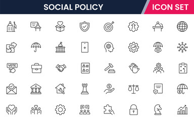 Social policy vector line icons featuring equality, justice, welfare, community support, legislation, rights, advocacy, diversity, and public services concepts.