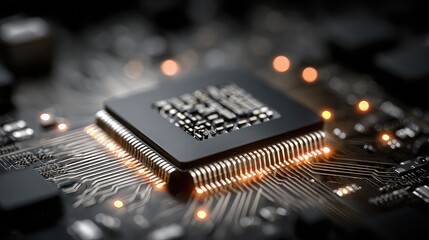 Microchip with visible network of connections highlights core computing functions, semiconductor detail, and system-on-chip design 