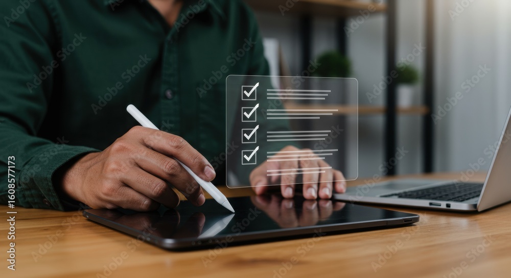 Poster Digital task management with checklist overlay on tablet. Modern workspace with productivity tools. Professional using stylus for efficient workflow.