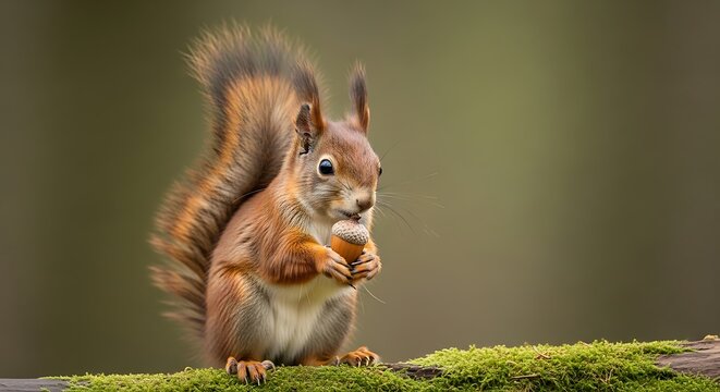 A red squirrel sits on a mossy branch, holding and eating an acorn against a blurred green background. - Powered by Adobe