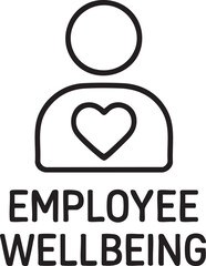 A simple line art icon represents employee wellbeing, featuring a person with a heart symbol, emphasizing care and health in the workplace for a positive environment.