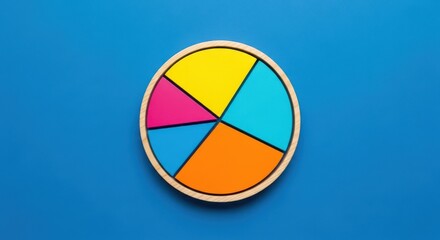 Fototapeta premium Photo of colorful wooden pie chart puzzle with five segments on a blue background