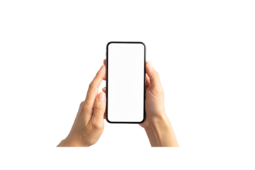 Hands holding a modern smartphone with a blank white screen isolated on transparent background
