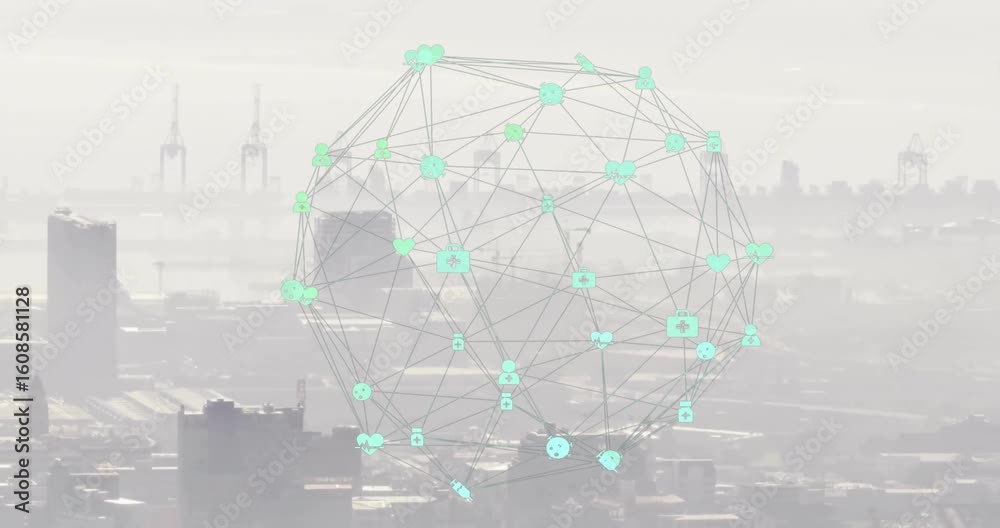 Poster starting sphere hovering above skyline, nodes pulsing and rotating network showing data links