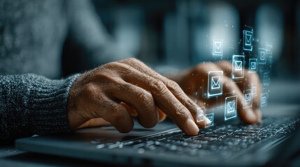 Person operates email interface using assistive technology, symbolizing inclusive communication tools and accessibility innovation Person operates email interface using assistive technology 