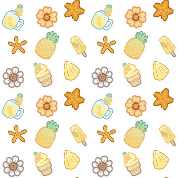 Cute Refreshing Summer Pineapple Theme Seamless Pattern - Ice-cream, Fruit, Flower, Drinks, Starfish Element with Transparent Background