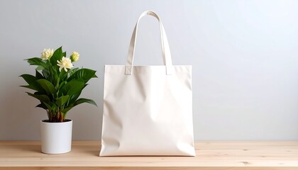 Blank tote bag, plant, light background