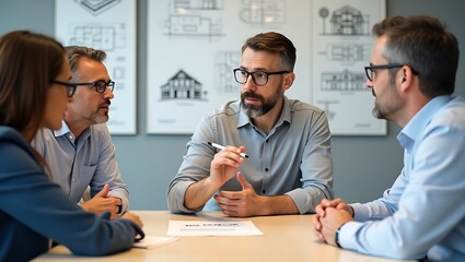 Diverse group of professionals collaborating intently around a table discussing architectural blueprints and design concepts in a modern office setting
