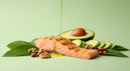 Healthy salmon and avocado meal with nuts and greens