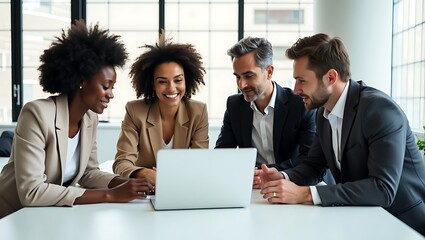 Diverse group of professionals collaborating enthusiastically around a laptop sharing ideas and insights in a modern office setting