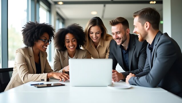 Diverse group of smiling professionals collaborating enthusiastically around a laptop in a modern office setting with natural light