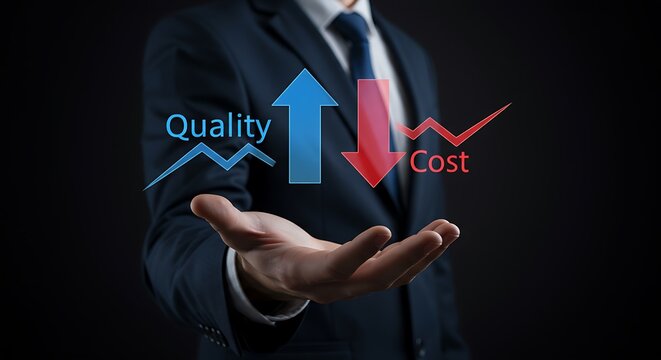 Business professional demonstrating quality increase and cost decrease through business strategy