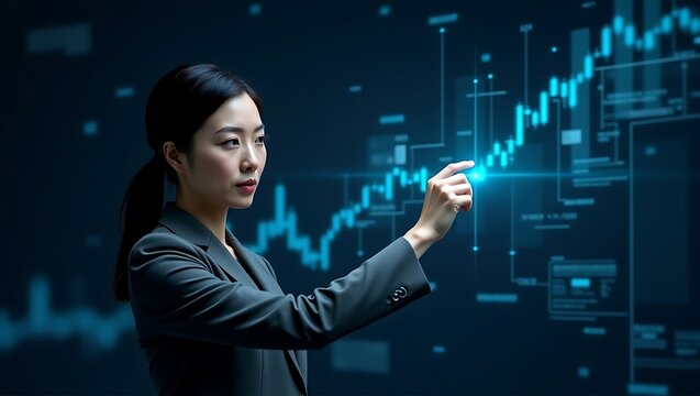 Focused asian businesswoman analyzing a rising blue digital stock market graph on a futuristic holographic interface with glowing data streams