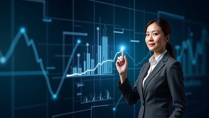 Asian businesswoman confidently analyzes financial market data displayed on a futuristic glowing blue digital interface with rising bar graphs and line charts