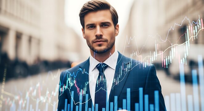 A serious businessman stands outdoors, overlaid with financial charts, suggesting success and investment. - Powered by Adobe