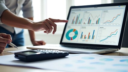 Two individuals collaborate on a business project analyzing financial data and charts displayed on a laptop screen with a calculator nearby