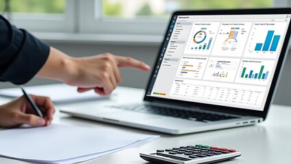 Business professional analyzing financial data and performance metrics on a laptop screen while taking notes with a pen and calculator nearby
