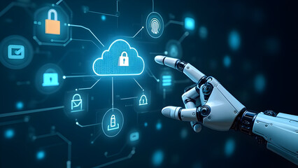 Robot hand interacting with secure cloud technology