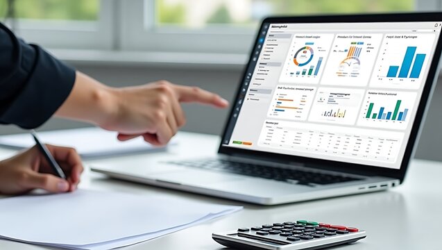 Business professional analyzing financial data and performance metrics on a laptop screen while taking notes with a pen and calculator nearby