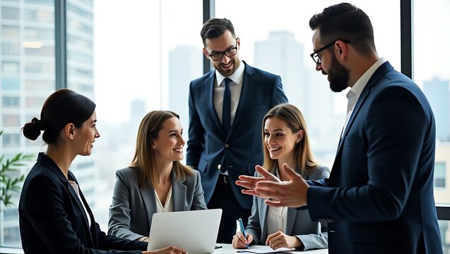 Diverse team of professionals engaged in a productive business meeting collaborating and discussing ideas around a table with a laptop