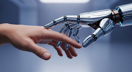 Human hand and robot hand touching in a blurred futuristic setting.