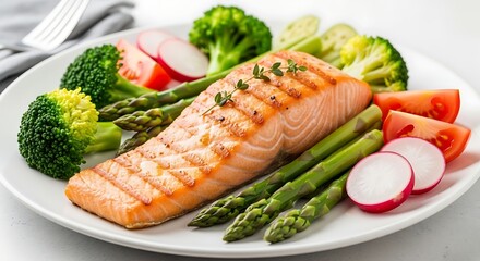 Grilled salmon with fresh broccoli asparagus and radish