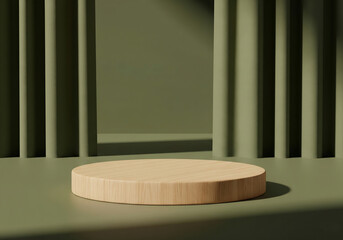 Minimalist Sage Podium with Arch and Curtain Shadows